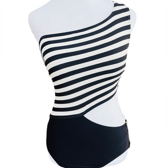 MICHAEL Michael Kors Stripe One Shoulder Cut Out One Piece L76543 Size 6. - Picture 4 of 10